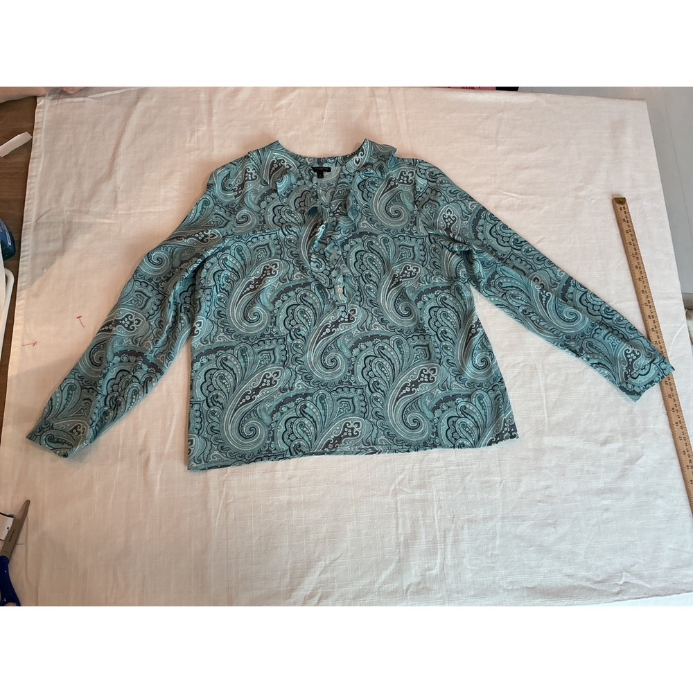Talbots Womens Teal Paisley Ruffle Split Neck Long Sleeve Blouse Size 12